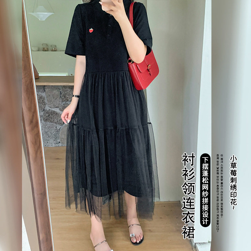 2024新款大码女装妹妹气质时尚网纱拼接衬衫领连衣裙纯色显瘦潮流