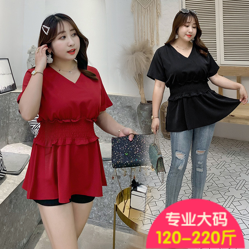 2019夏季新款胖mm200斤胖人服饰加大码女装荷叶边拼接上衣显瘦潮