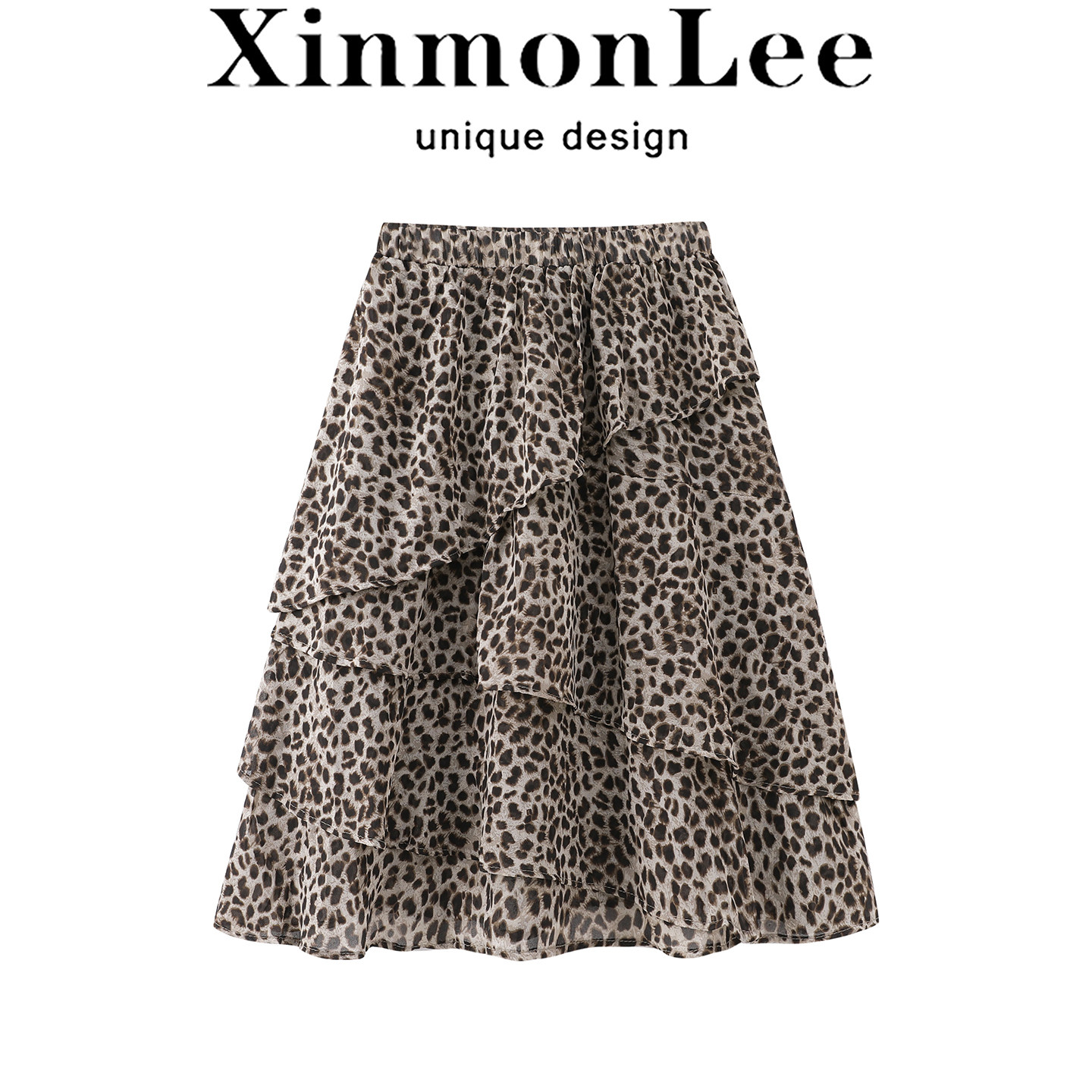 XinmonLee韩版复古松紧腰豹纹层次感蛋糕裙夏季显瘦设计感中裙