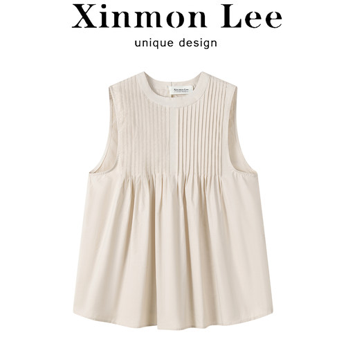 XinmonLee法式气质无袖圆领褶皱衬衫夏季韩系T恤宽松显瘦上衣女