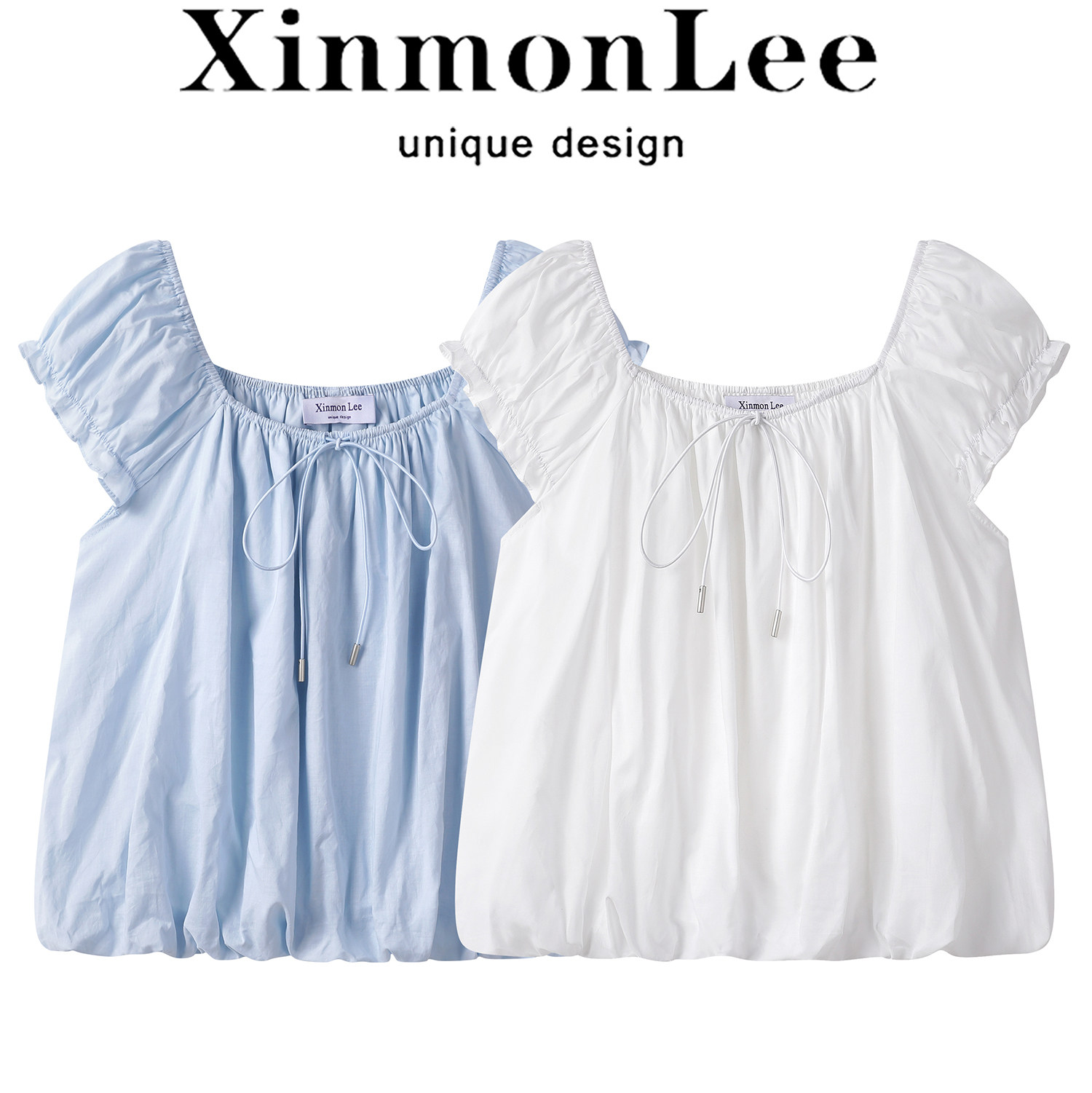 XinmonLee法式减龄甜美一字肩泡泡袖短款小衫夏季木耳边花苞上衣 - 实物图