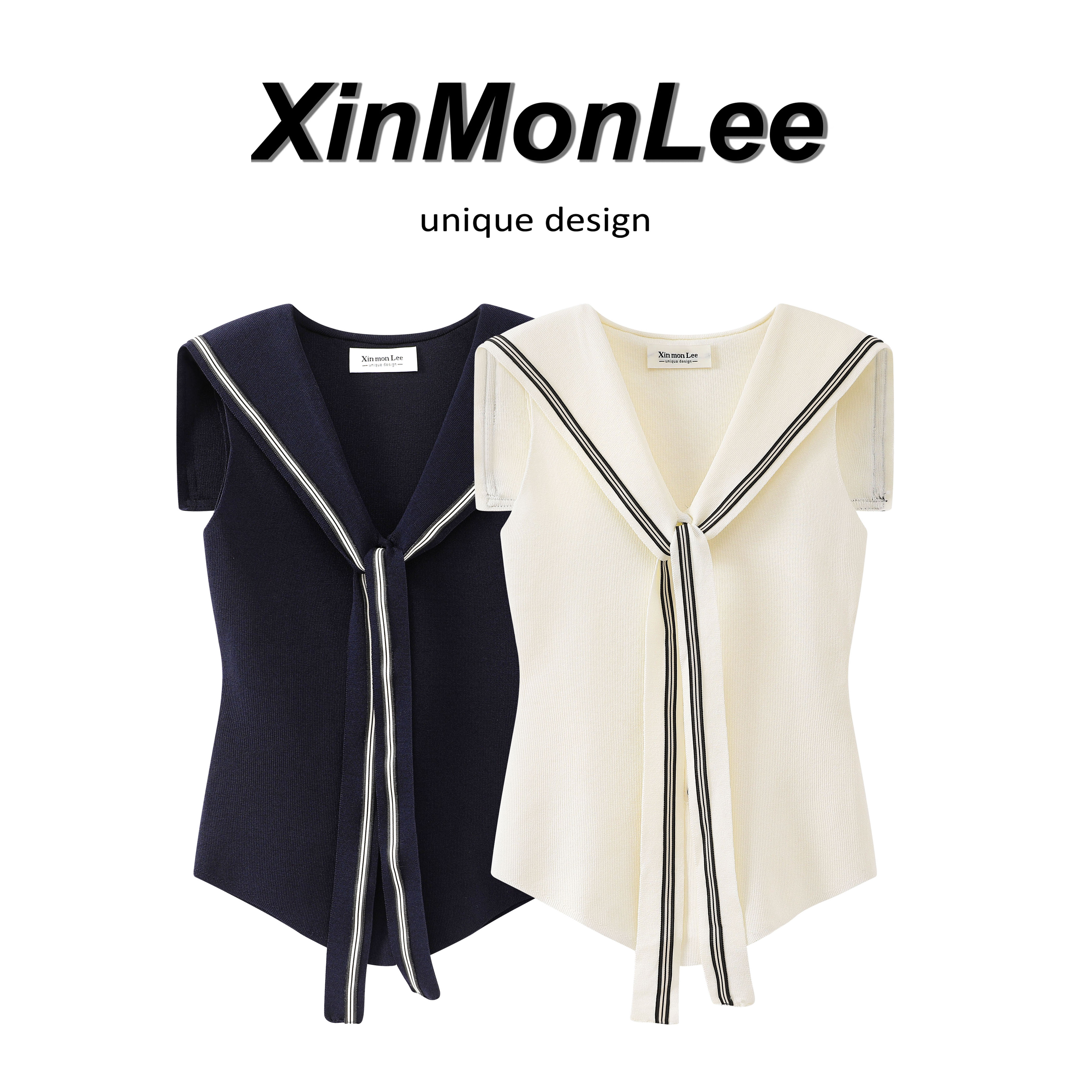 XinmonLee修身显瘦简约撞色海军领绑带针织背心夏季短款亲肤上衣
