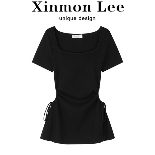 XinmonLee韩版T恤夏季针织短袖女设计感抽绳镂空方领修身显瘦辣妹
