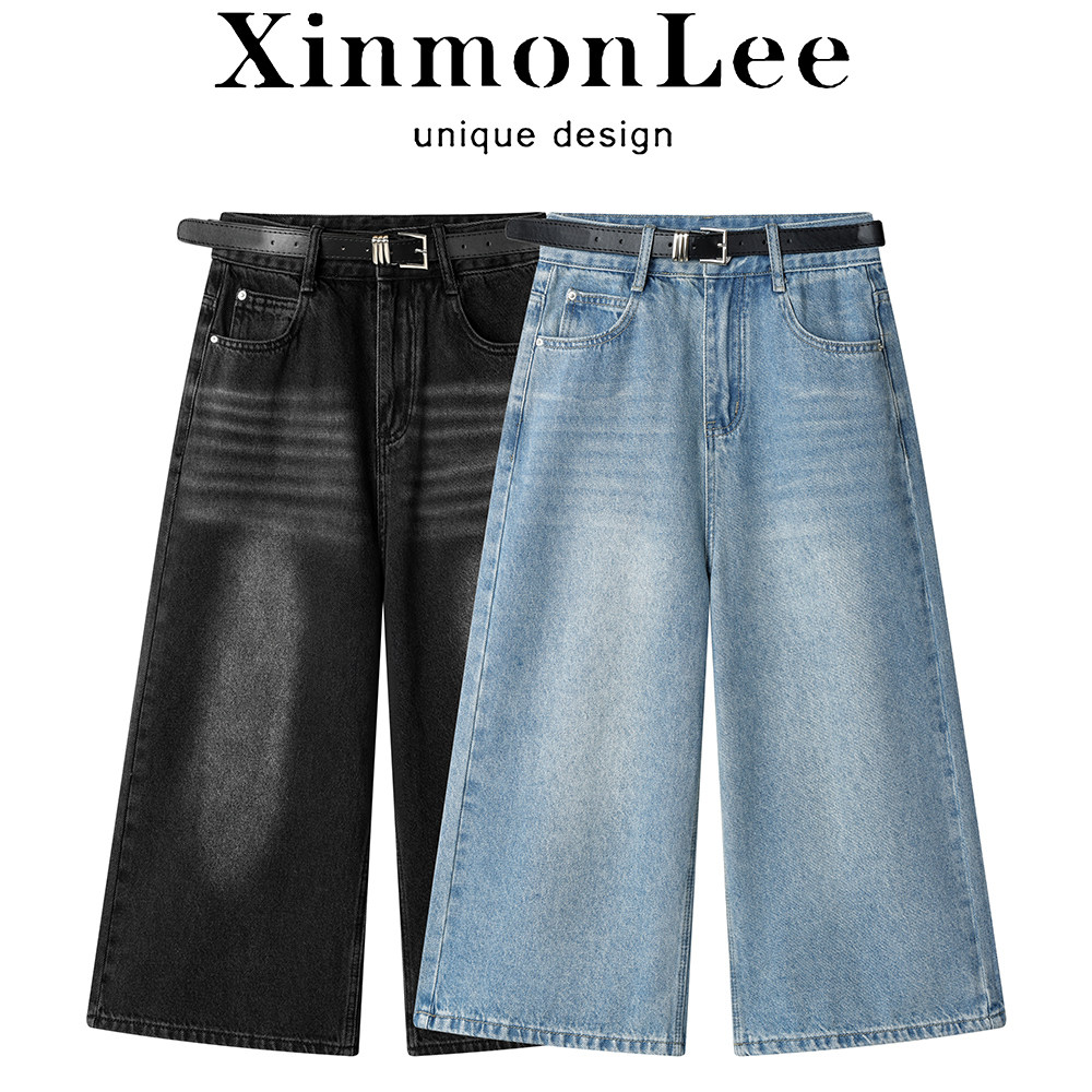 XinmonLee简约韩系休闲复古高腰阔腿裤春夏季牛仔七分裤宽松百搭