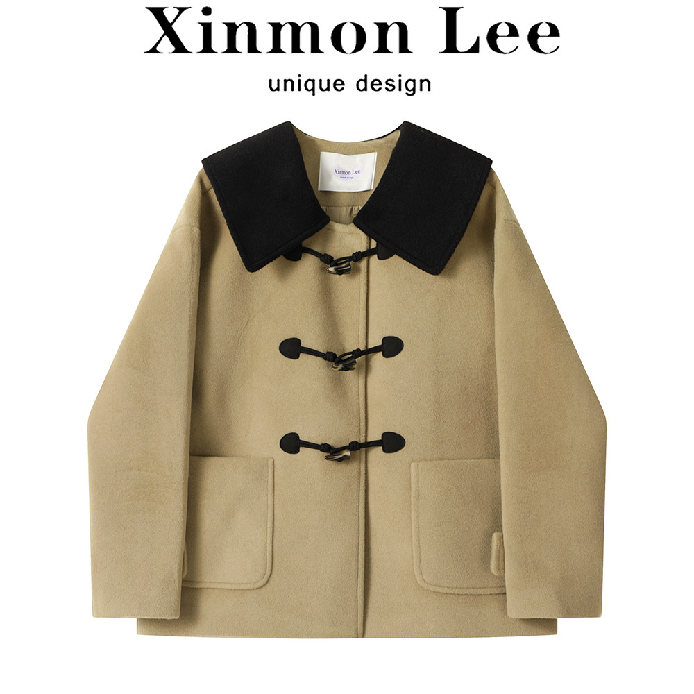 XinmonLee今年流行短款呢子大衣女秋冬季加厚毛呢外套牛角扣上衣