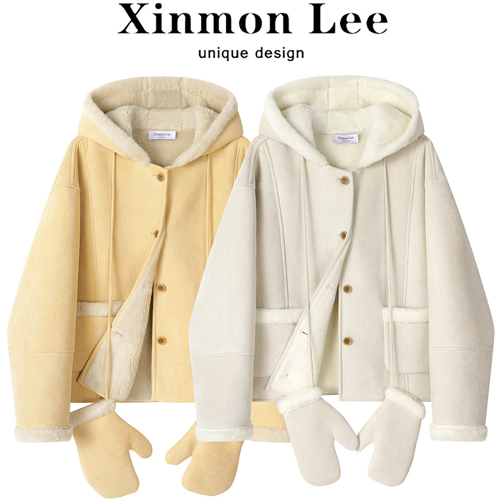 XinmonLee鹿皮绒连帽外套别致韩系高级感皮毛一体冬季加绒棉服女