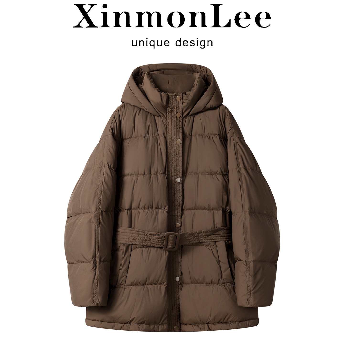XinmonLee冬季中长款韩版咖色复古保暖轻薄羽绒服连帽外套面包服