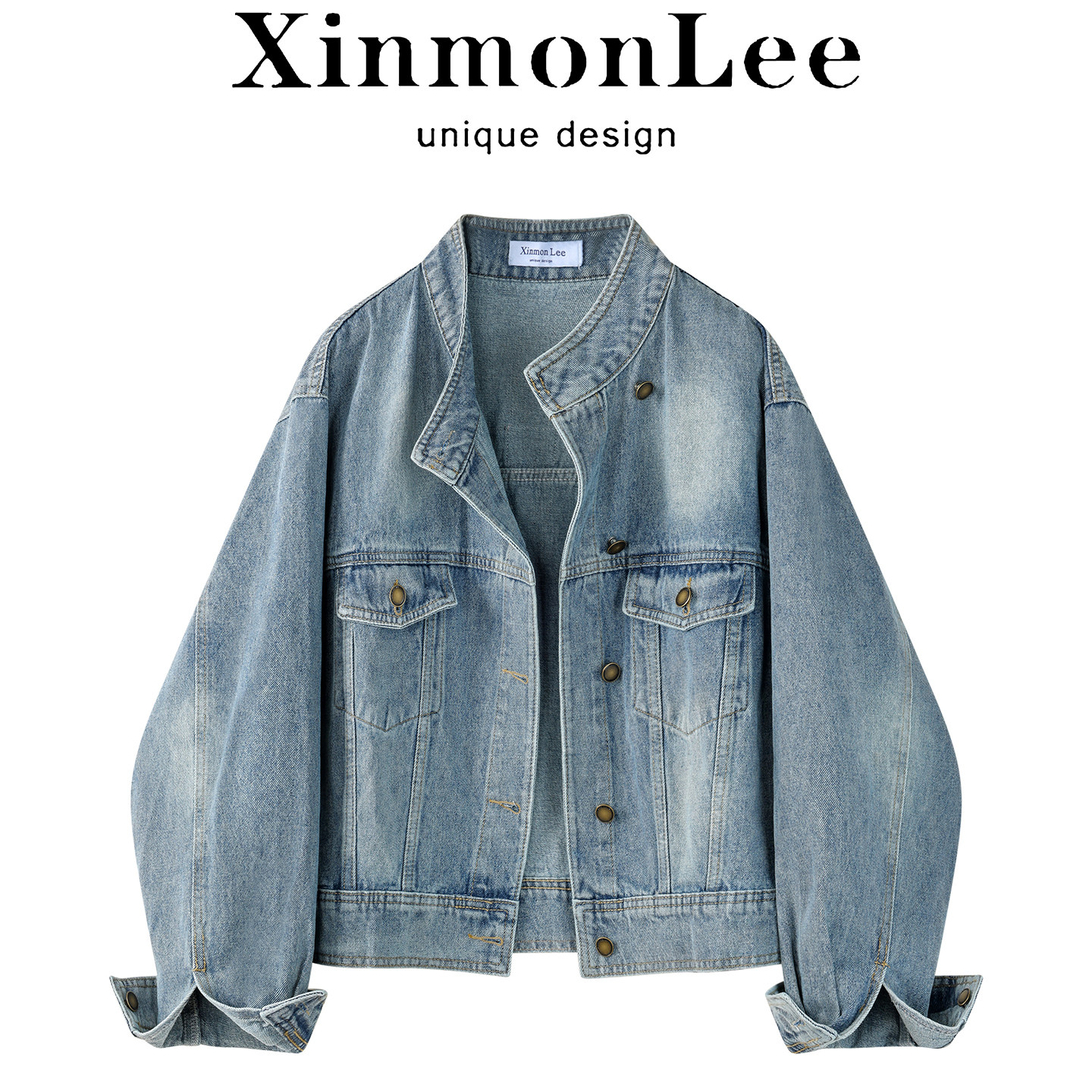 XinmonLee韩版复古立领牛仔夹克外套女春秋新款百搭休闲显瘦上衣