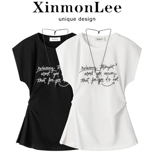 XinmonLee别致白色浅色系褶皱收腰显瘦开叉落肩袖T恤夏季减龄韩系