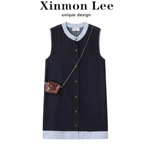 XinmonLee韩版复古单排扣条纹拼接牛仔连衣裙假两件夏季显瘦女