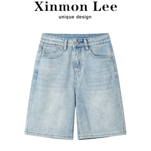 XinmonLee美式复古做旧韩版冷茶牛仔裤夏显瘦高腰阔腿直筒短裤女