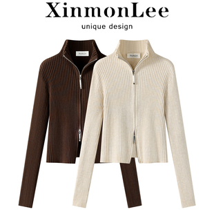 XinmonLee2026冬季新款针织开衫立领双拉链坑条短款修身显瘦毛衣