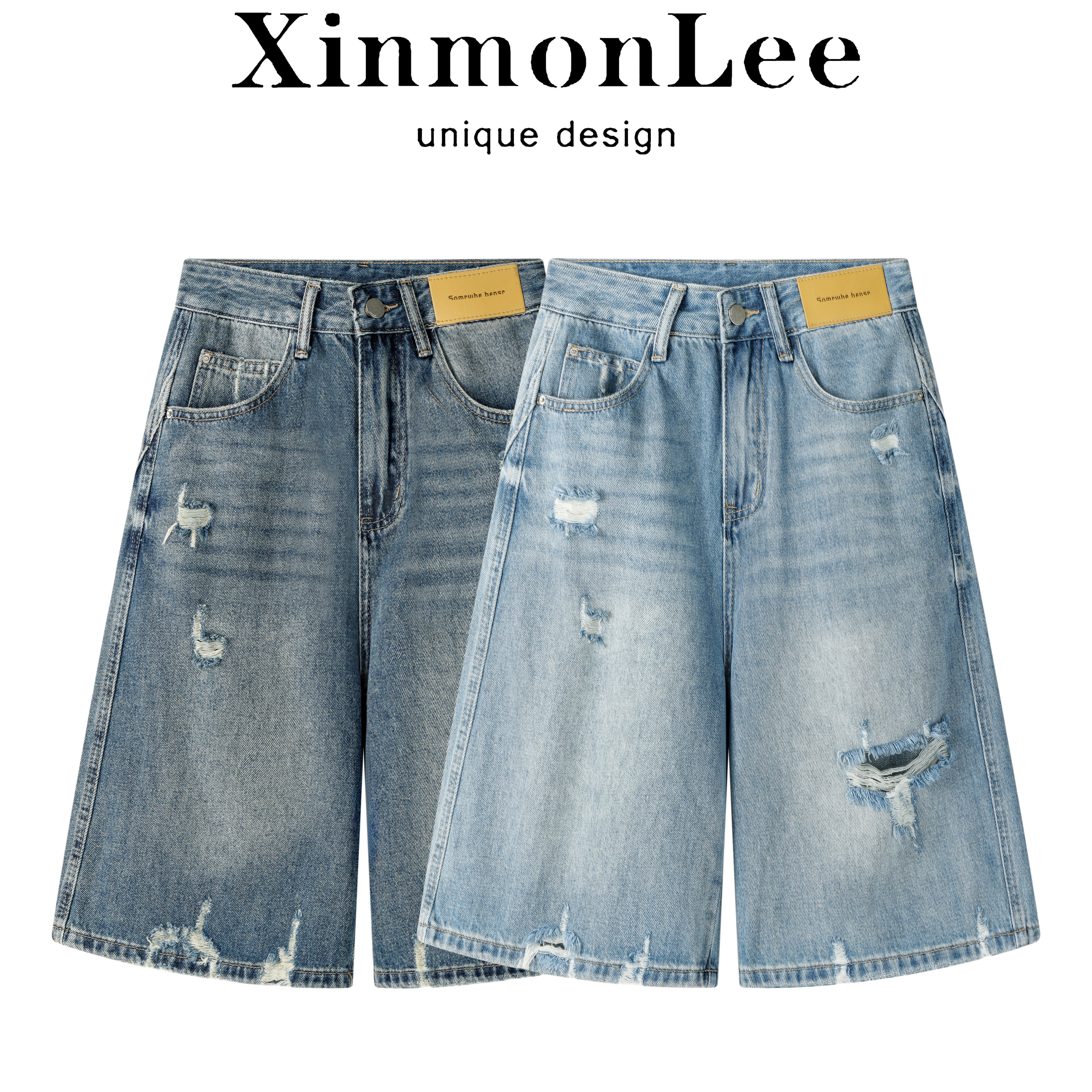 XinmonLee牛仔辣妹风破洞五分裤女夏季高腰显瘦阔腿裤休闲短裤