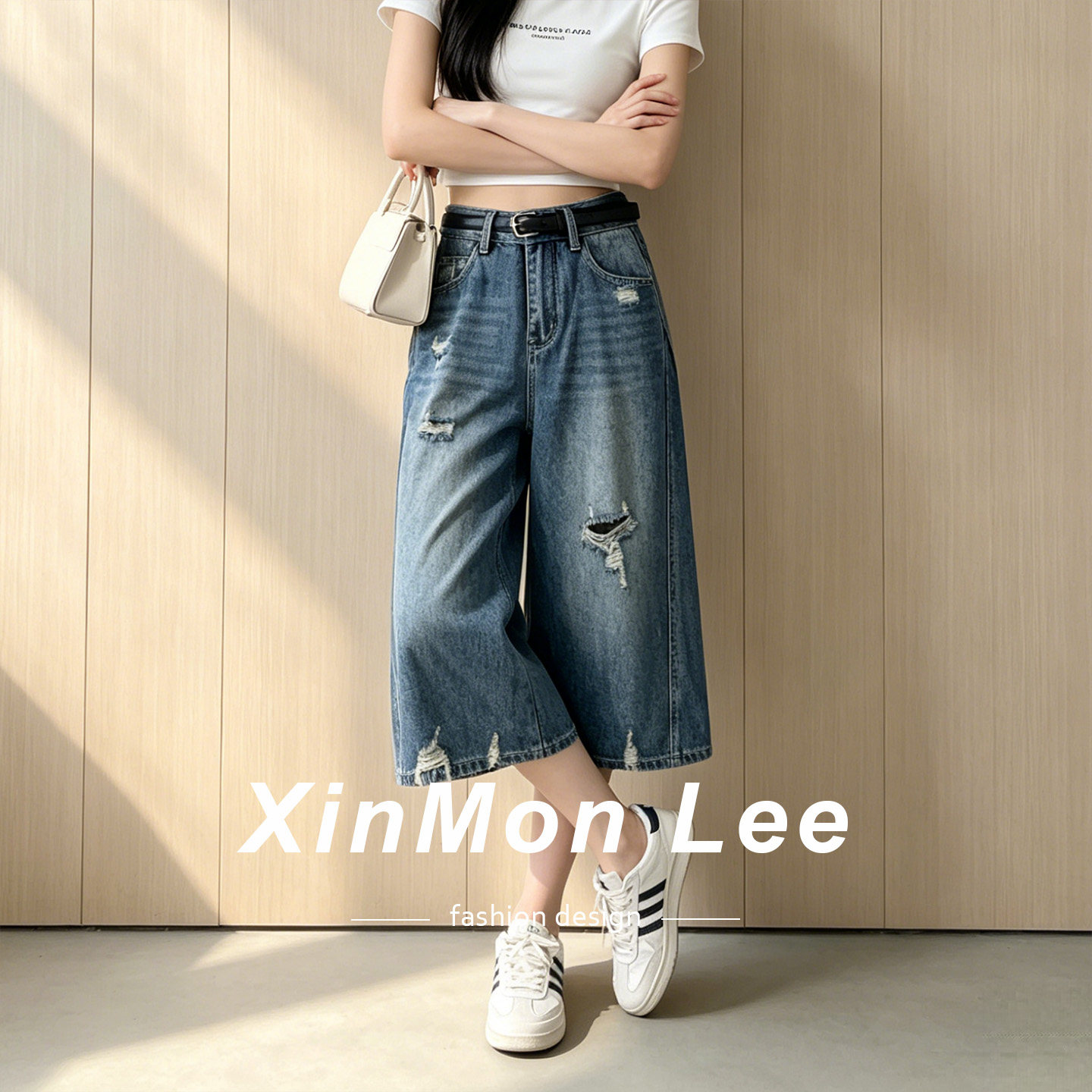XinmonLee韩式夏季复古破洞阔腿牛仔裤女宽松直筒做旧水洗七分裤
