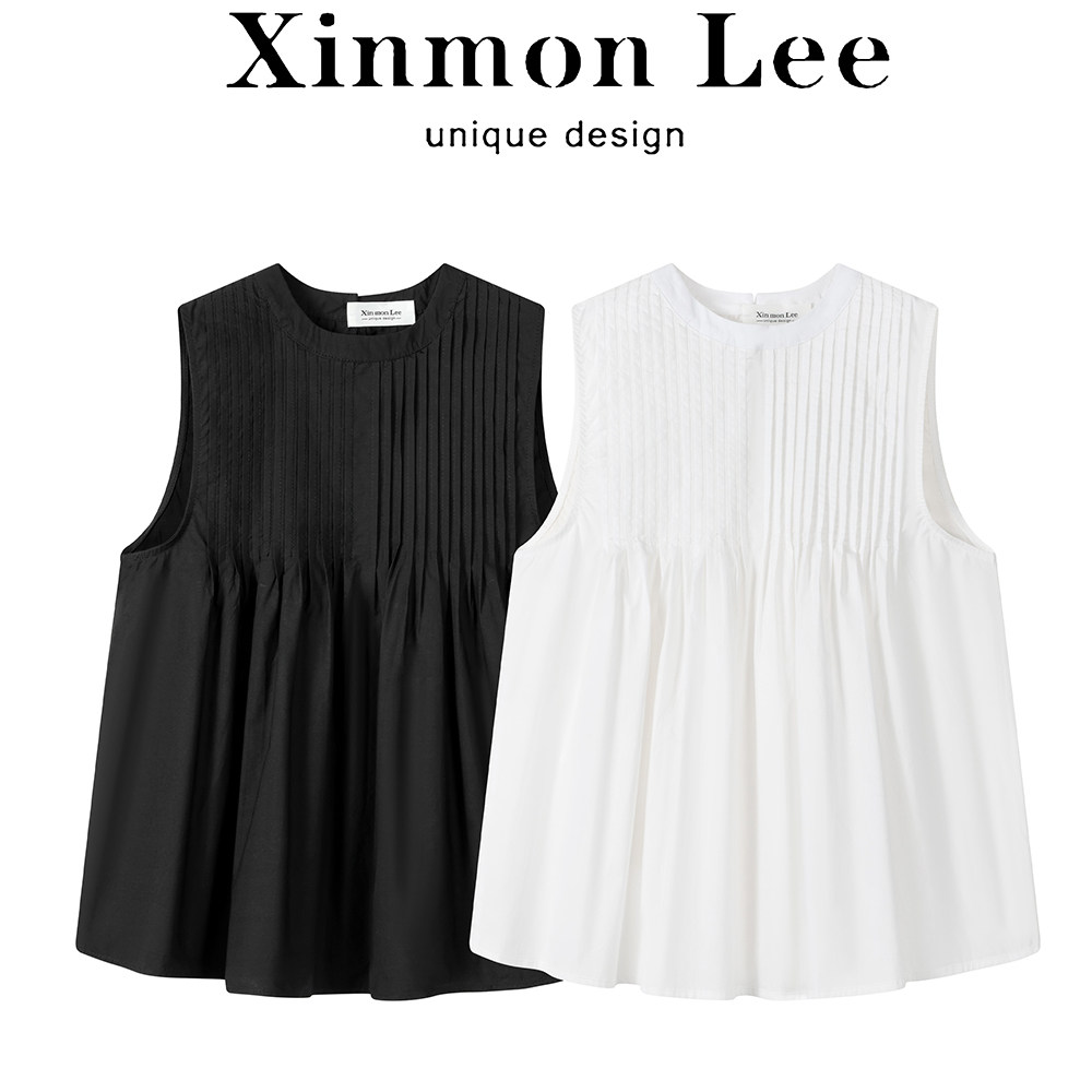 XinmonLee韩版压褶无袖衬衫法式甜美夏季女休闲宽松显瘦减龄背心