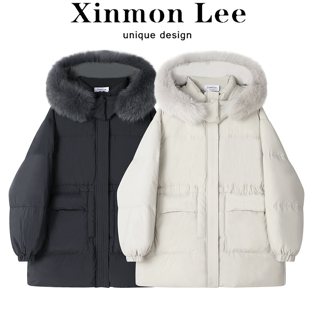 XinmonLee2025冬季时尚百搭中长款收腰显瘦大毛领连帽羽绒服外套