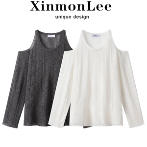 XinmonLee早秋简约气质挂脖露肩防晒长袖T恤罩衫休闲宽松减龄上衣