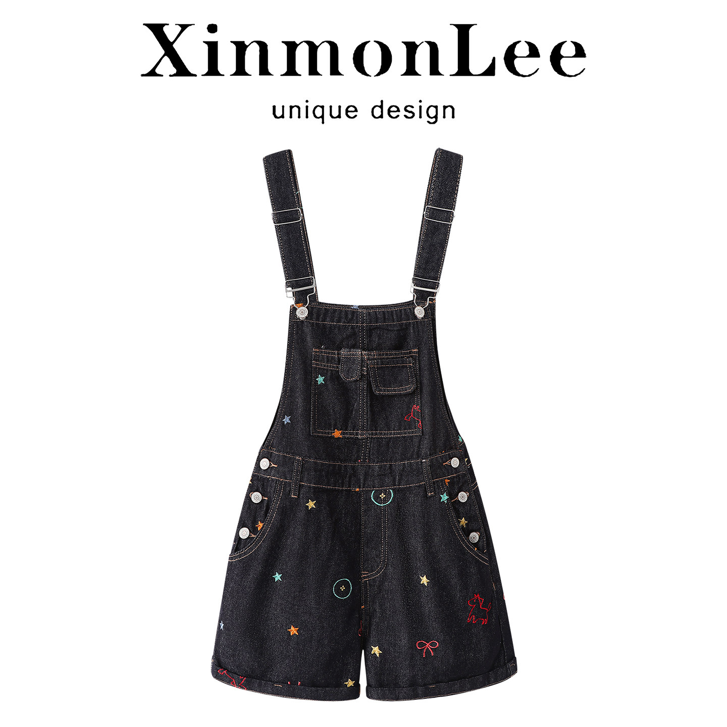 XinmonLee韩式刺绣牛仔背带短裤女夏学院风小个子减龄俏皮阔腿裤