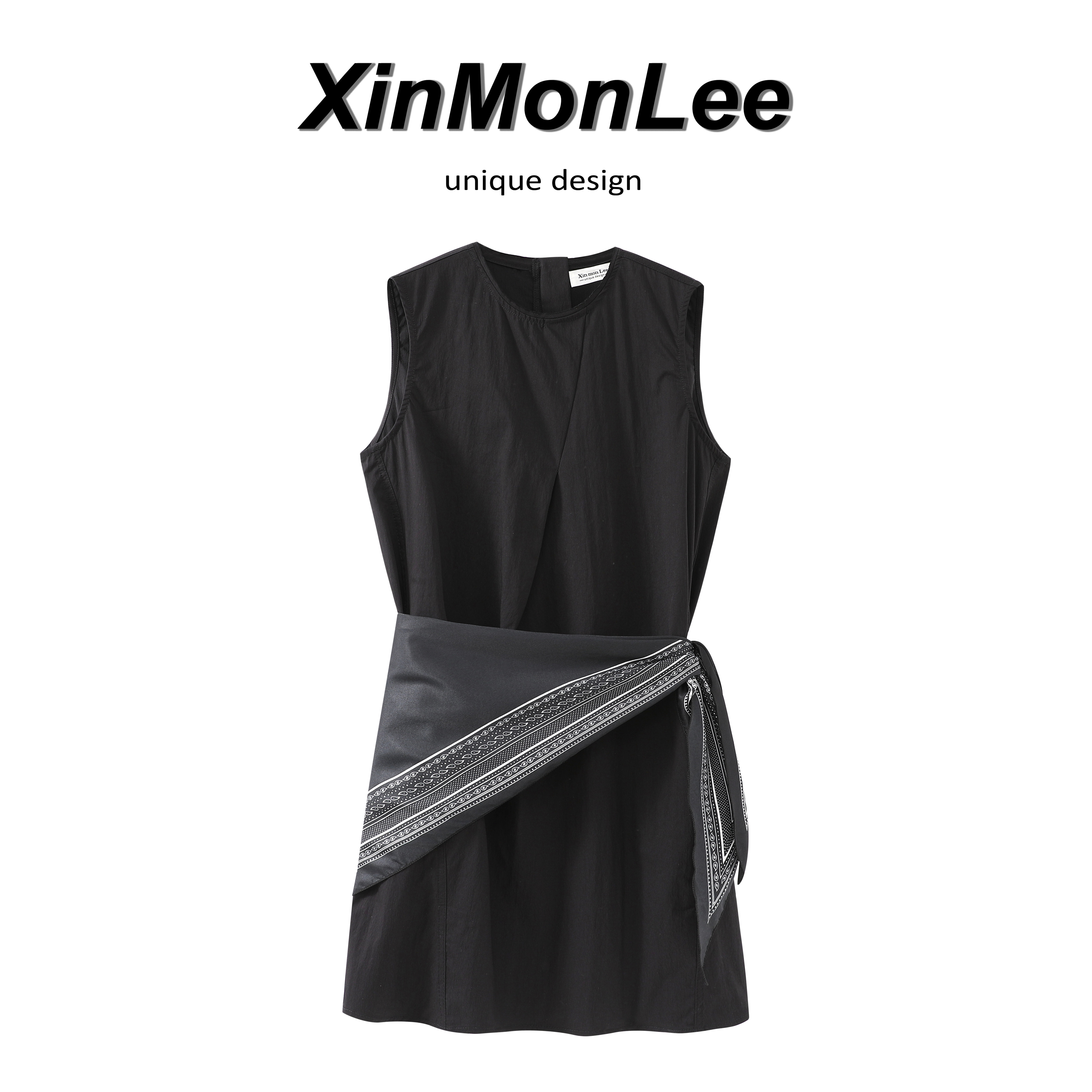 XinmonLee后背拉链设计无袖连衣裙韩系纯色简约丝巾穿搭背心裙夏