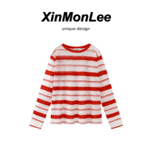 XinmonLee气质减龄百搭慵懒风圆领条纹防晒T恤夏季百搭韩系上衣女