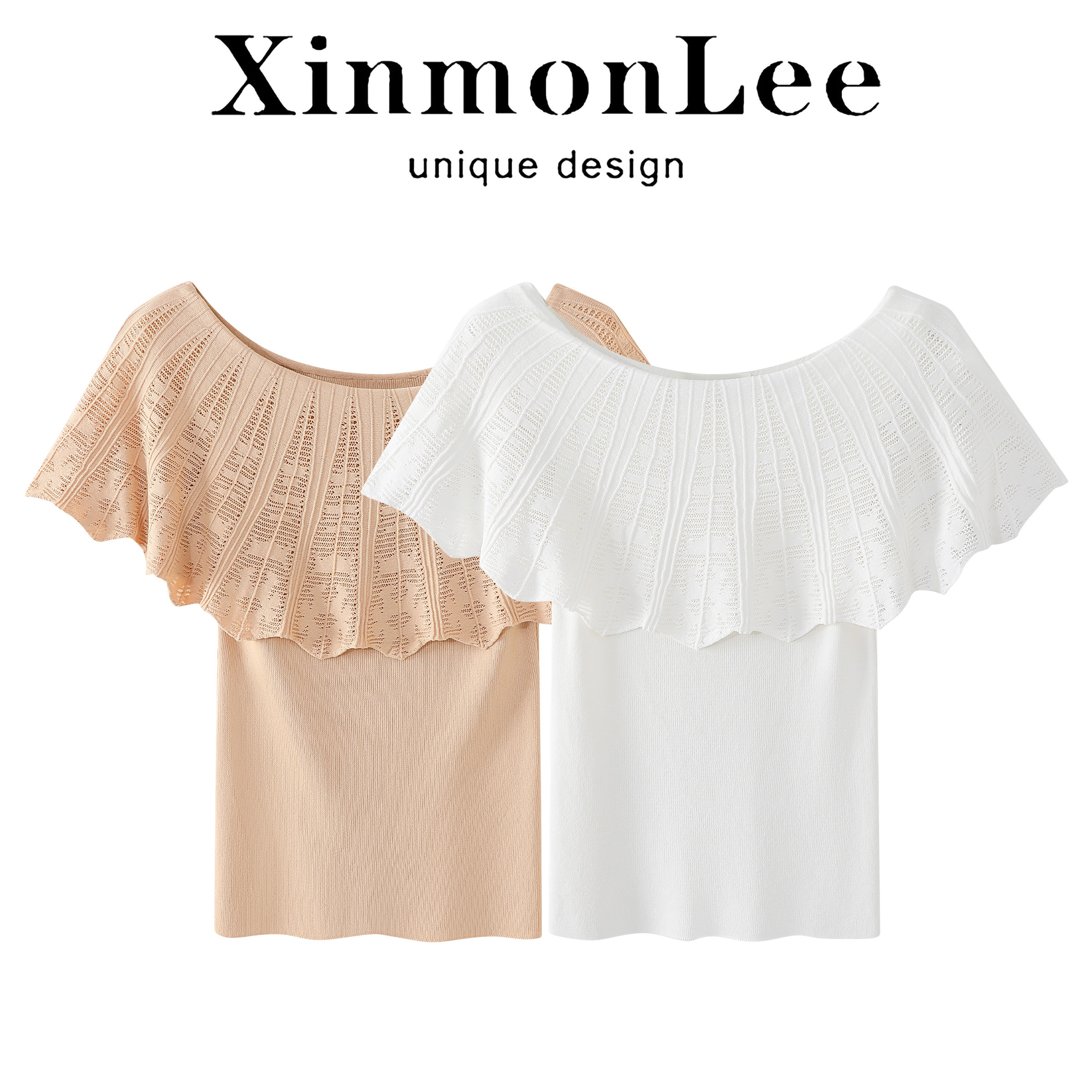 XinmonLee法式荷叶边一字肩假两件T恤女夏季修身显瘦针织衫2026 - 实物图