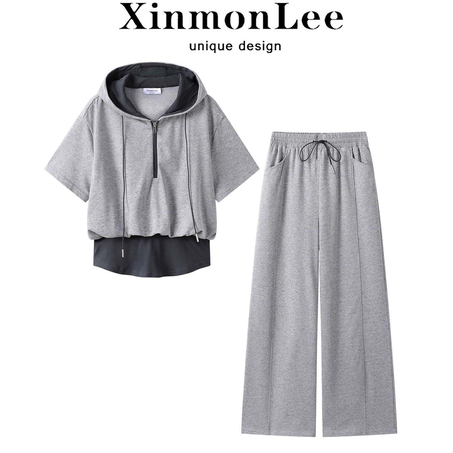 XinmonLee韩系气质假两件短袖撞色卫衣夏季高腰阔腿休闲裤两件套