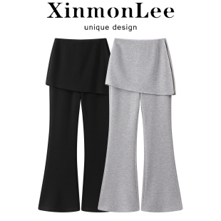 XinmonLee灰色屁帘假两件亲肤显瘦修身微喇裤春秋韩系设计百搭女