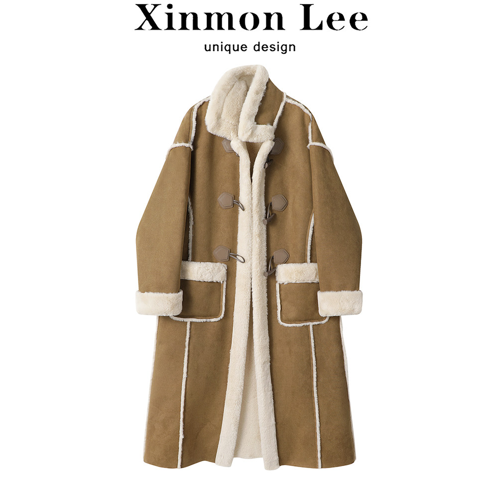 XinmonLee复古宽松羊羔毛棉服大衣女士冬季皮毛一体长款毛毛外套