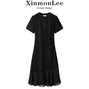 XinmonLee复古褶皱收腰显瘦设计感拼接连衣裙短款T恤裙夏季慵懒风