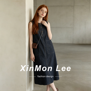 XinmonLee夏季港风复古无袖背心牛仔连衣裙宽松气质减龄韩版长裙