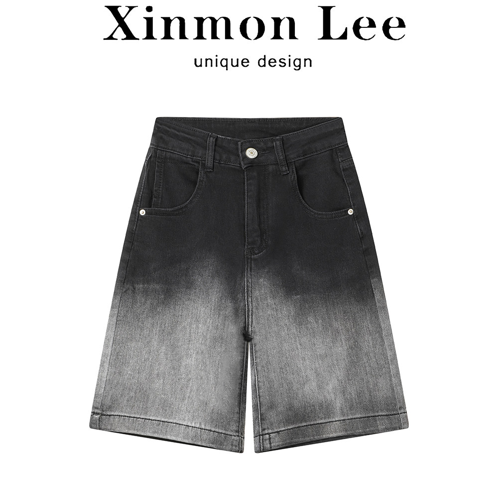 XinmonLee设计感黑色渐变高腰牛仔裤夏季女直筒宽松显瘦五分短裤