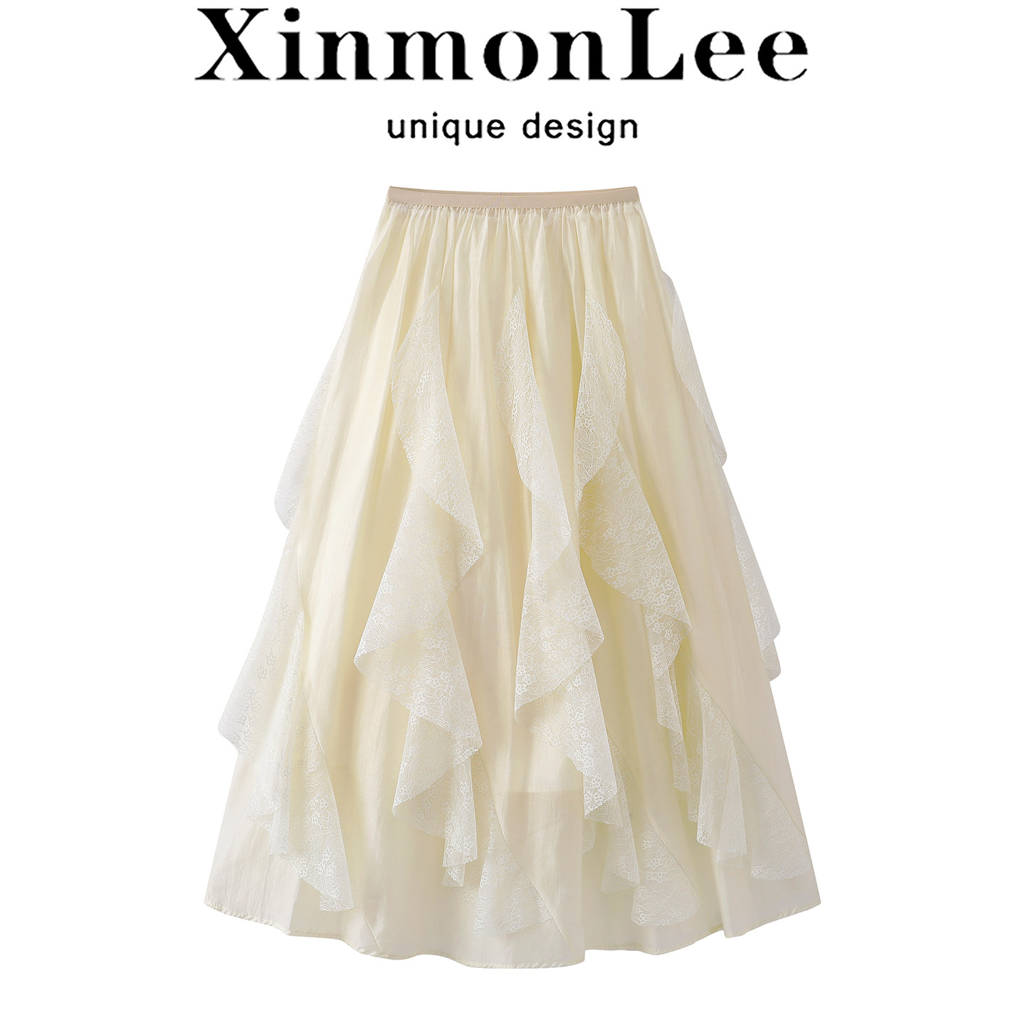 XinmonLee设计感不规则荷叶边网纱半身裙杏色蛋糕裙小个子中长款