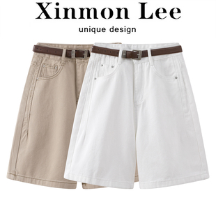 XinmonLee韩系复古风白色牛仔短裤女春季高腰显瘦阔腿五分裤百搭