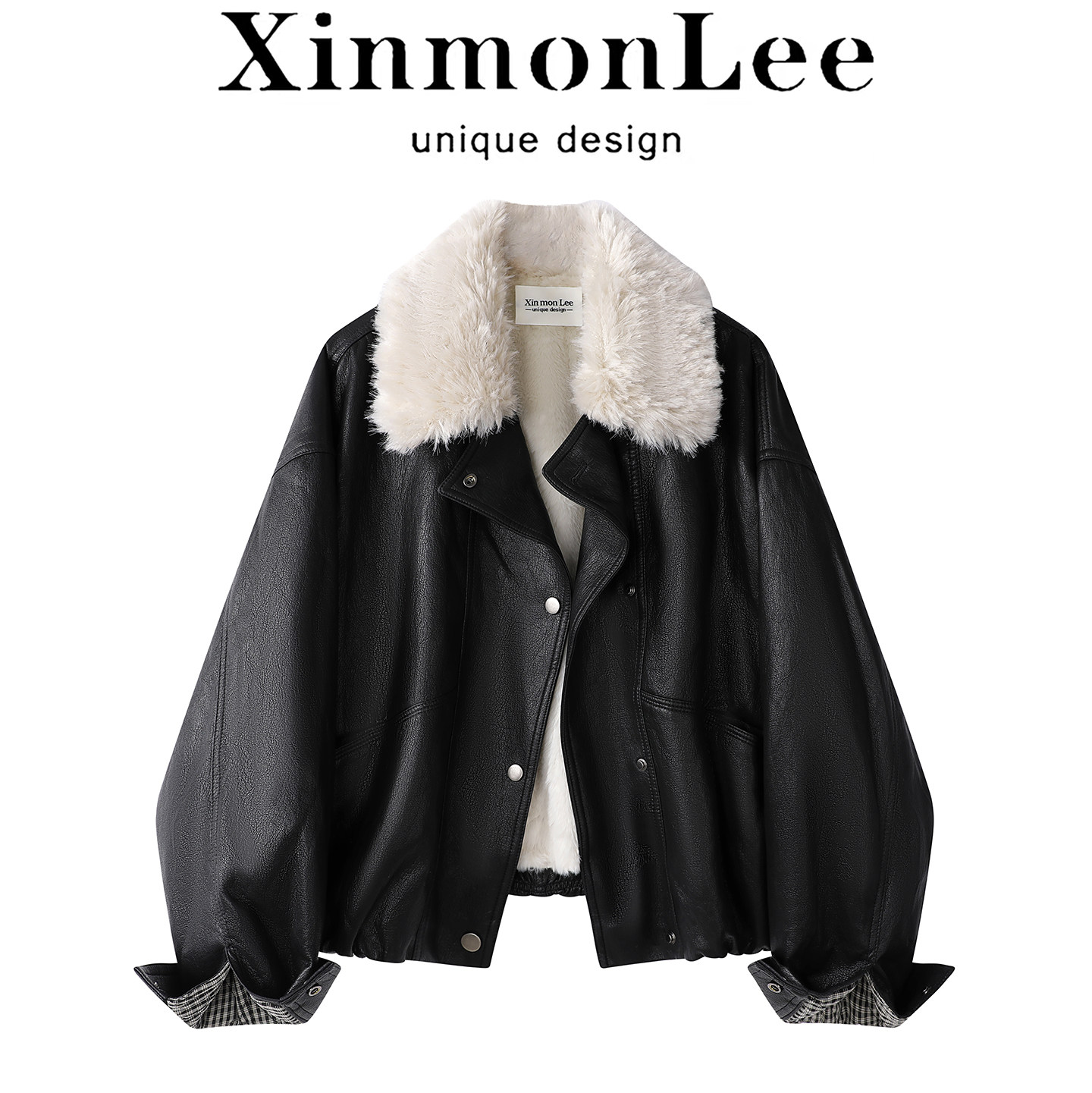 XinmonLee韩版机车皮衣夹克外套加绒冬季毛领休闲复古皮毛一体