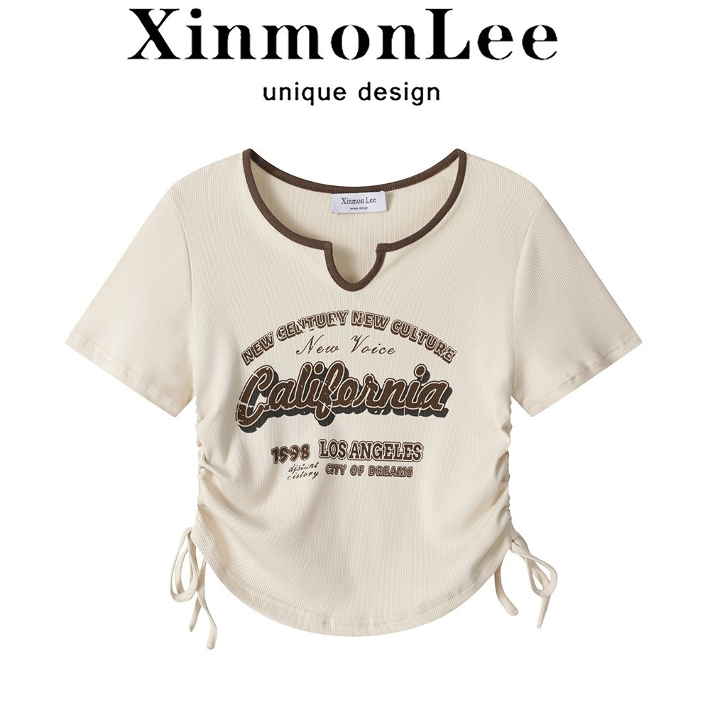 XinmonLee美式复古辣妹正肩短袖t恤女夏季撞色短款上衣设计感小众 - 实物图