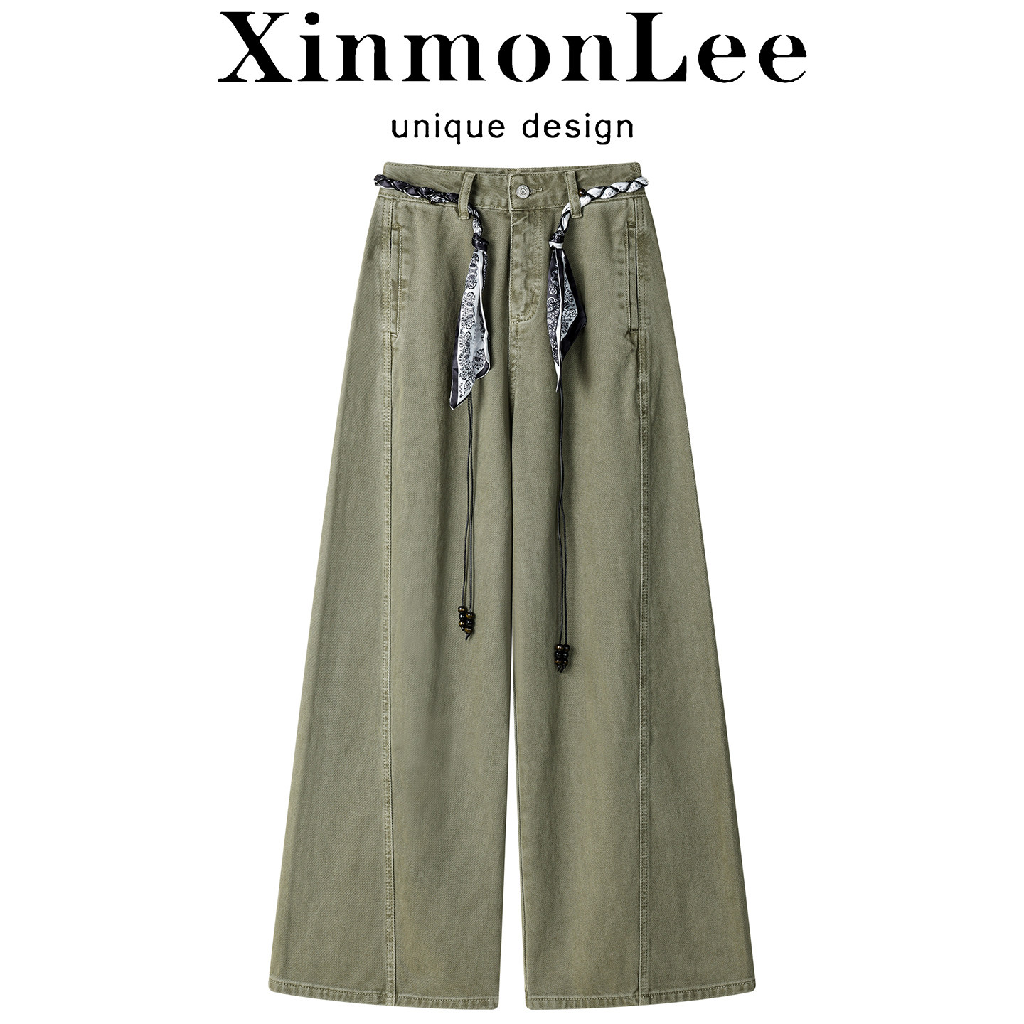 XinmonLe复古休闲军绿色垂感牛仔裤子早秋高腰显瘦设计感阔腿裤女