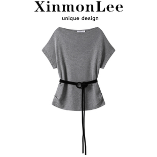 XinmonLee韩系褶皱收腰显瘦复古一字肩针织衫T恤短袖法式气质上衣