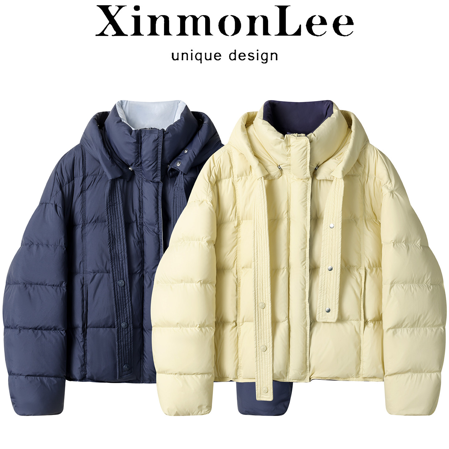 XinmonLee甜美减龄嫩黄色连帽撞色羽绒服外套冬季立领面包服漂亮