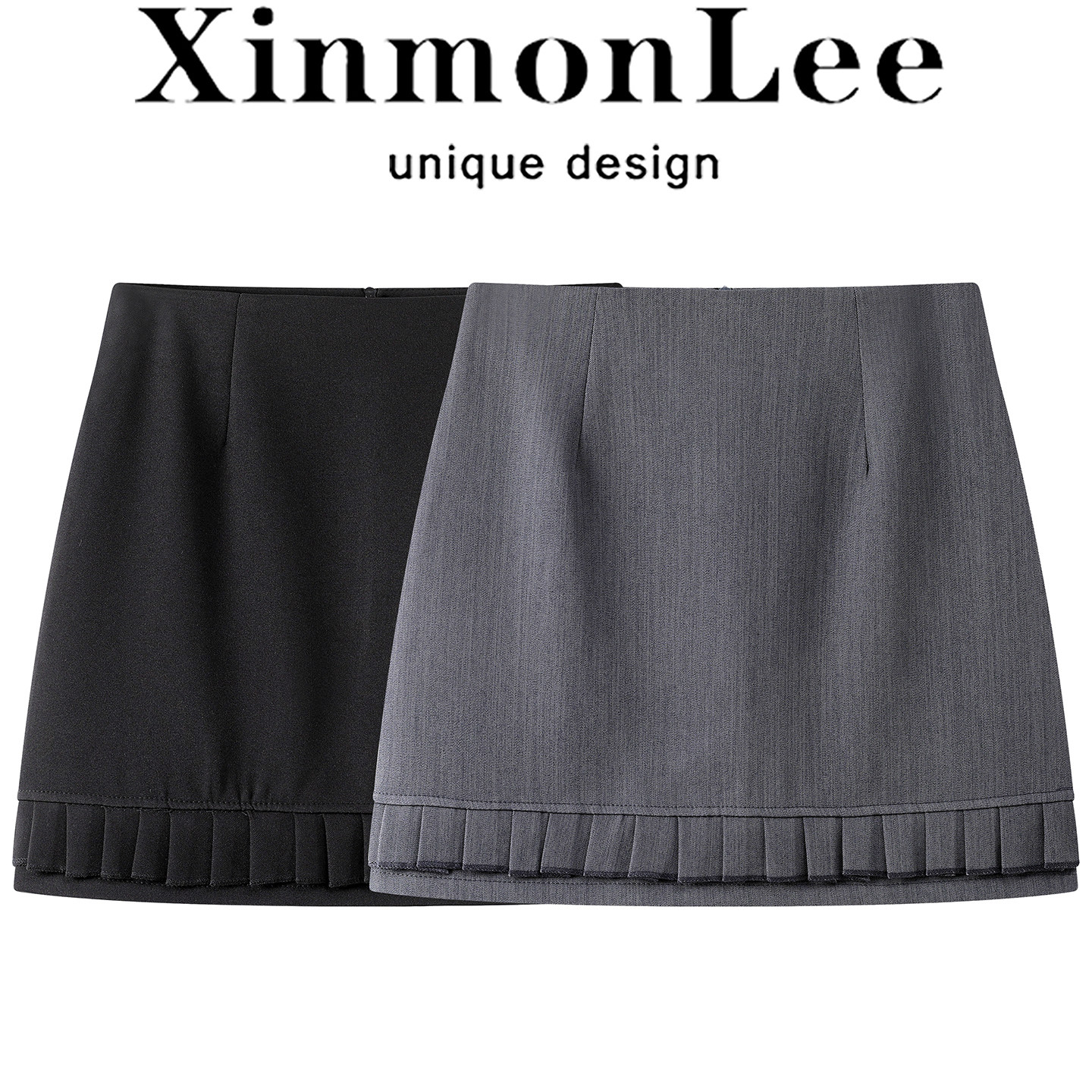 XinmonLee通勤百搭木耳边拼接韩系西装短裙早春新款包臀半身裙