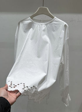 白色长袖衬衫女2026春季新款韩版宽松显瘦百搭镂空刺绣洋气小衫