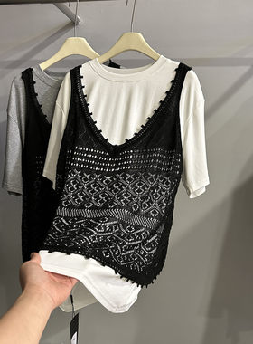 韩式叠穿蕾丝镂空针织马甲背心短袖T恤女2026夏季新款显瘦两件套