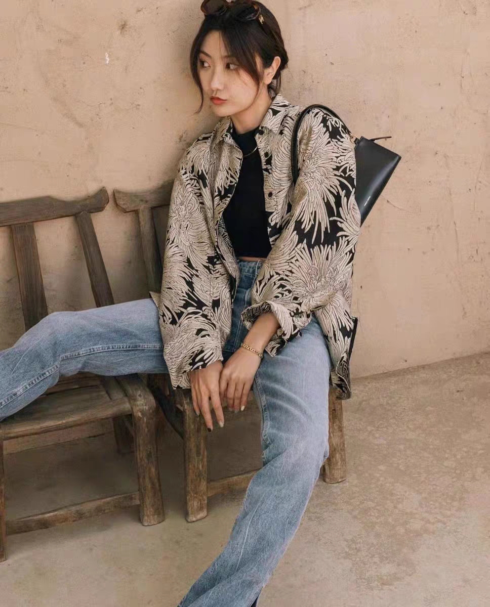 北欧风小众款～纯元博主savi同款金菊花纹理复古印花气质真丝衬衫