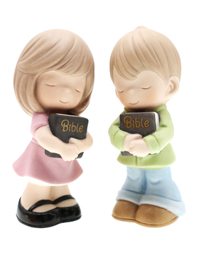 Cershar Precious Moments水滴娃娃 拿书的小男孩与女孩 陶瓷摆件