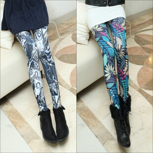 弹力女裤 显瘦打底裤 子 热带雨林树叶晕染水墨印花外穿修身 春秋薄裤