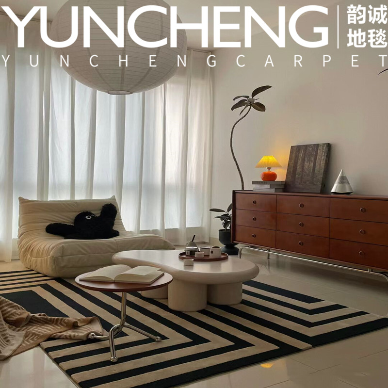 现代简约轻奢黑白条纹客厅茶几地毯意式卧室书房衣帽间床边毯满铺