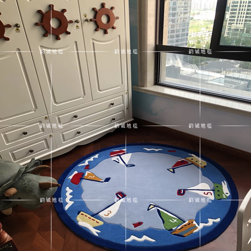 地中海蓝色帆船儿童圆形地毯客厅卧室电脑椅儿童房地毯床边吊篮毯