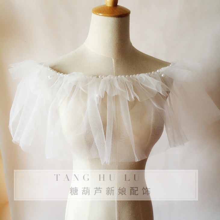 新娘婚纱手工披肩女春夏季2018新款一字肩大码遮手臂肩纱香槟色