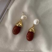 定制Sophie buhai法式 小众925纯银镀18k金天然红墨玉珍珠耳环耳坠