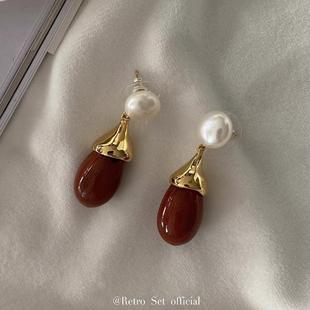 定制Sophie buhai法式小众925纯银镀18k金天然红墨玉珍珠耳环耳坠