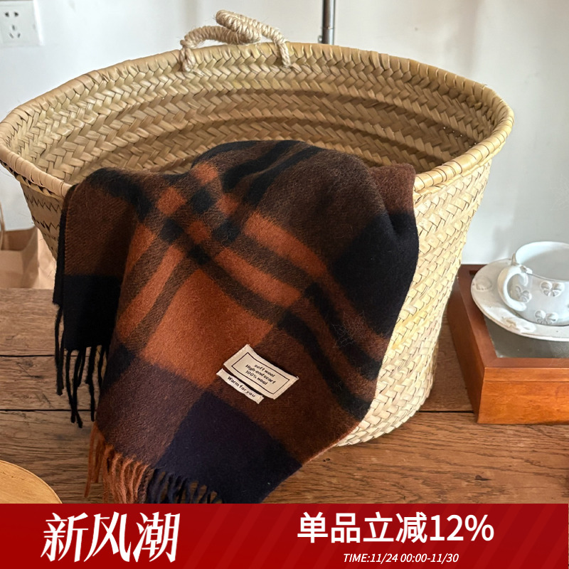 自制秋冬南瓜色格纹100%羊毛围巾
